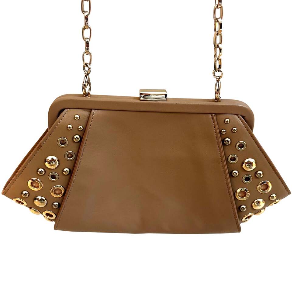White House Black Market tan purse gold chain stud detail converts to clutch NWT